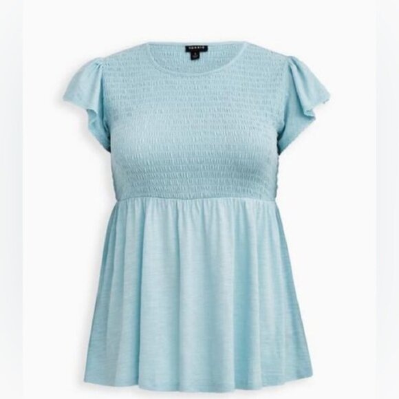 NWT Womens torrid 1 Aqua Light Blue Babydoll Cotton Crew Neck Smocked Bodice Top - Picture 5 of 14